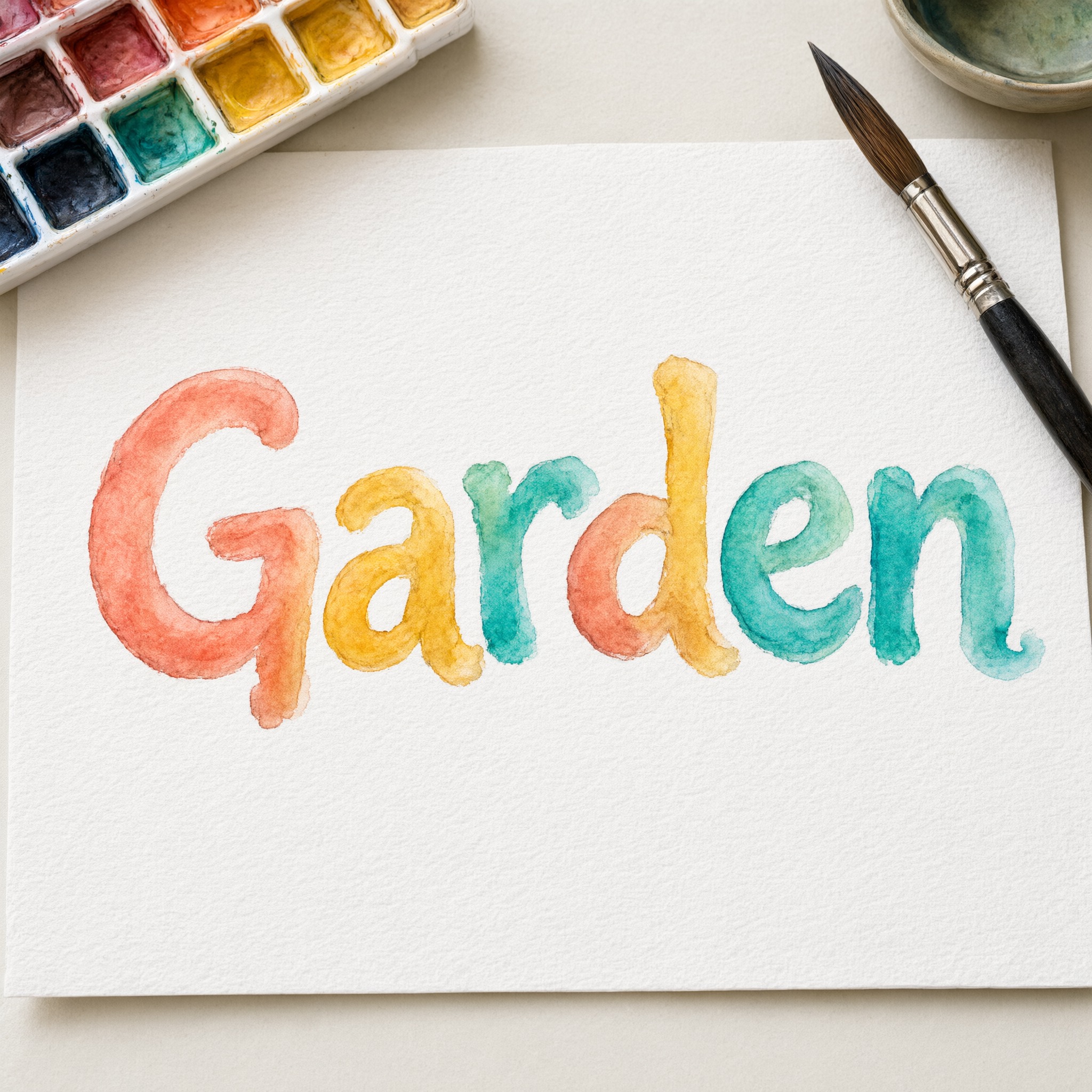 Watercolor Font AI font generated with Qwen-Image: the word Garden