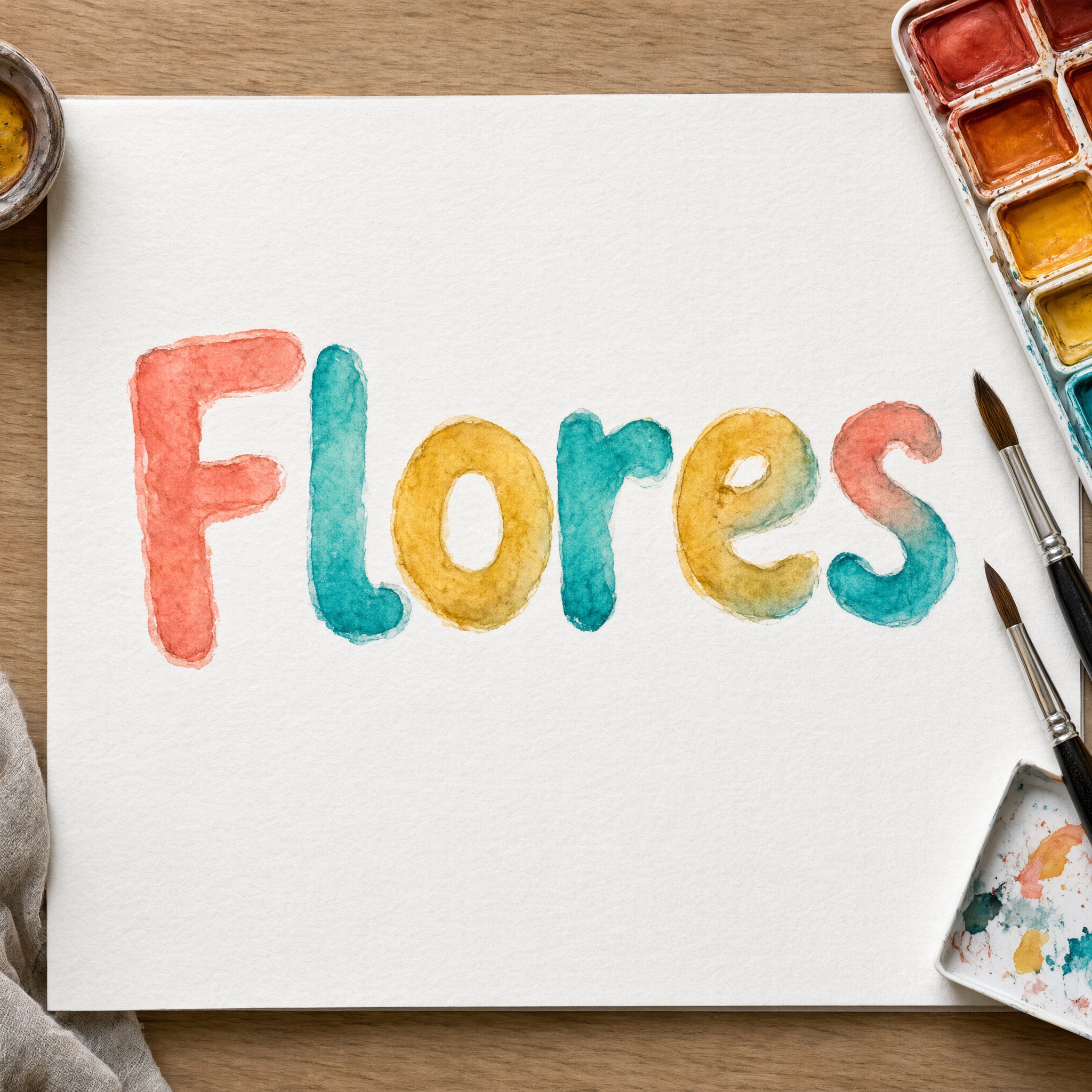 Fuente de IA Letras acuarela generada con Qwen-Image: la palabra Flores