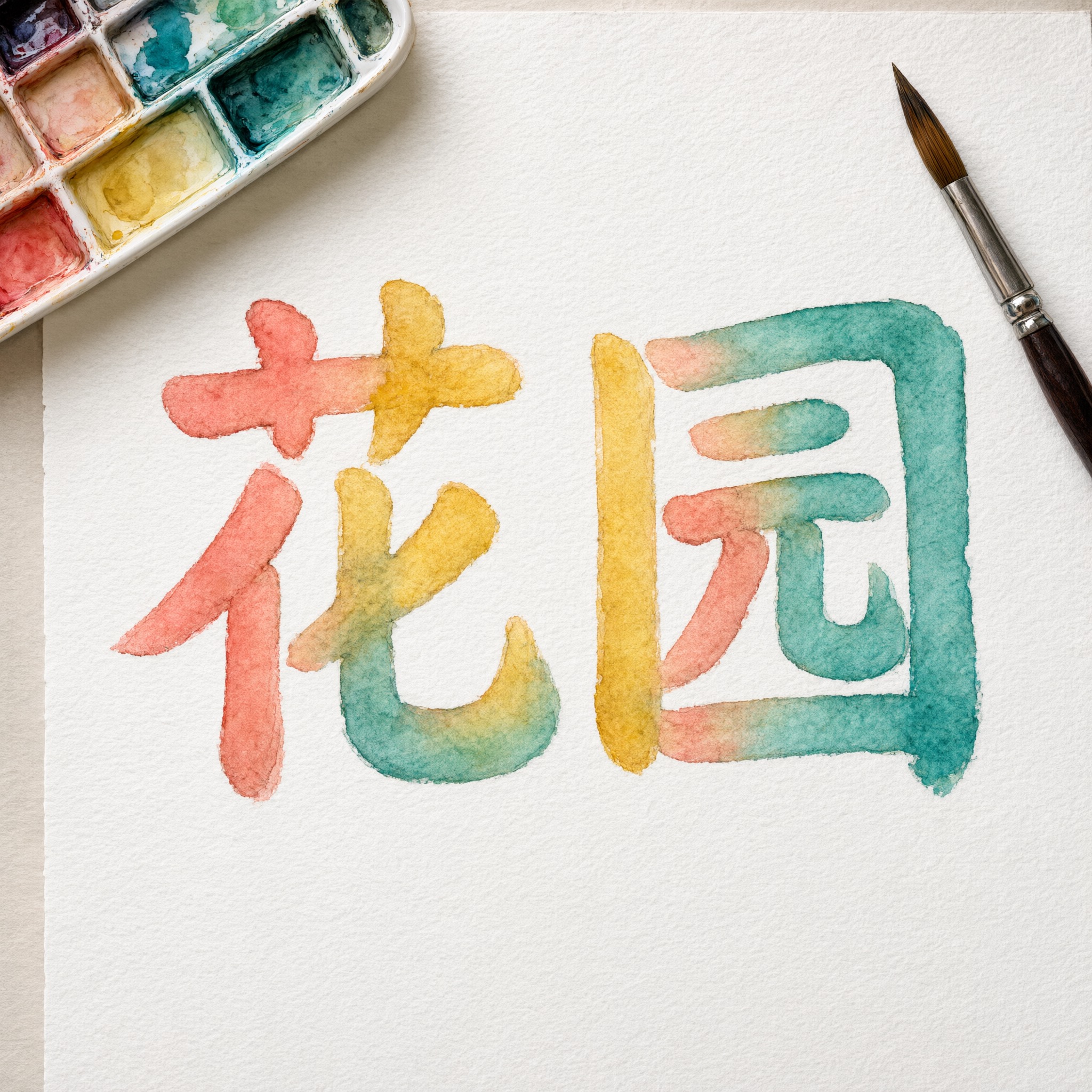 水彩字体 AI 字体在 Qwen-Image 上的生成结果：文字 花园