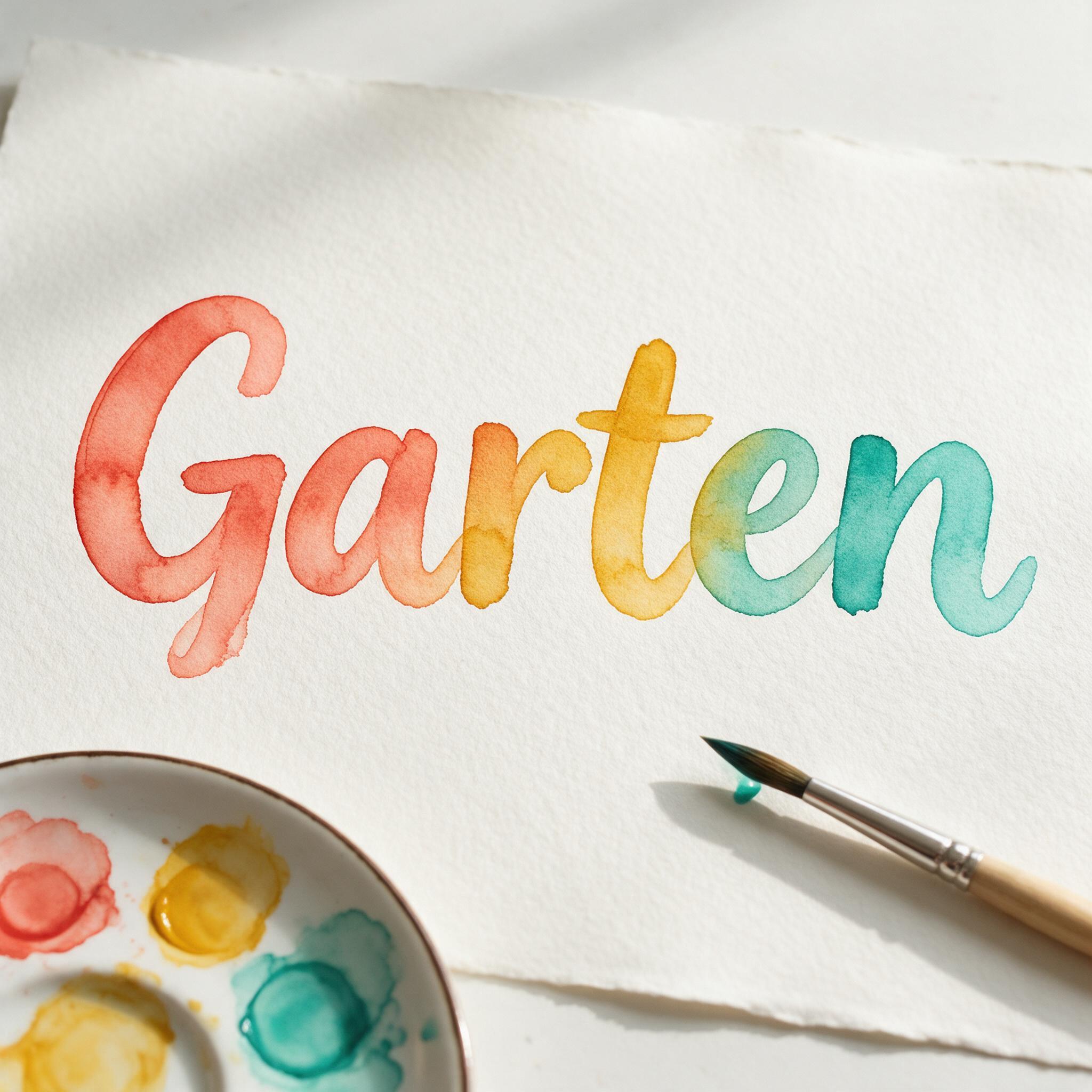 Aquarell-Schrift KI-Schrift, erstellt mit Seedream: das Wort Garten