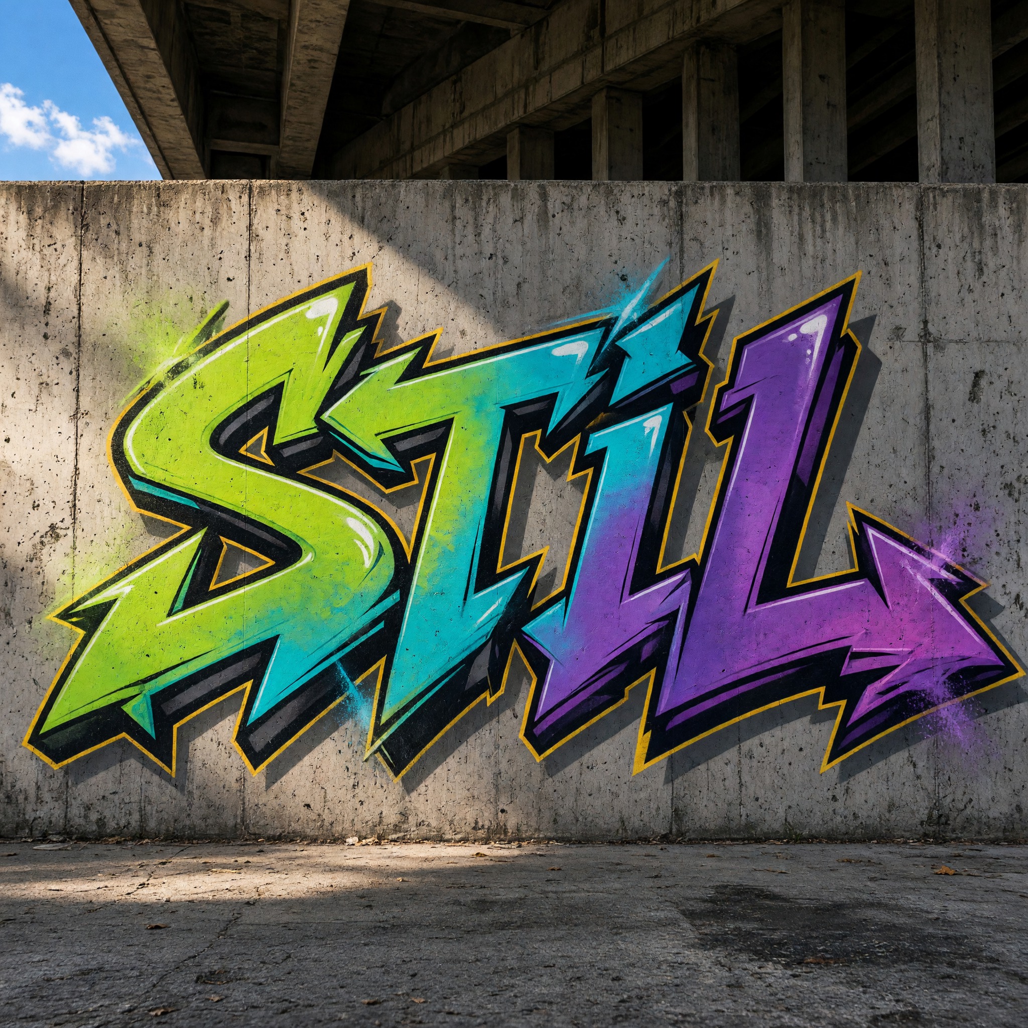 Wildstyle-Graffiti KI-Schrift, erstellt mit Grok Imagine: das Wort STIL