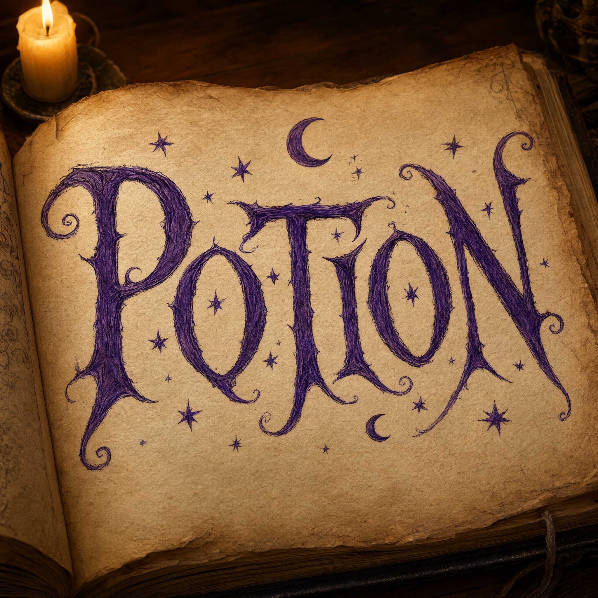 Witch Font AI font generated with Qwen-Image: the word Potion