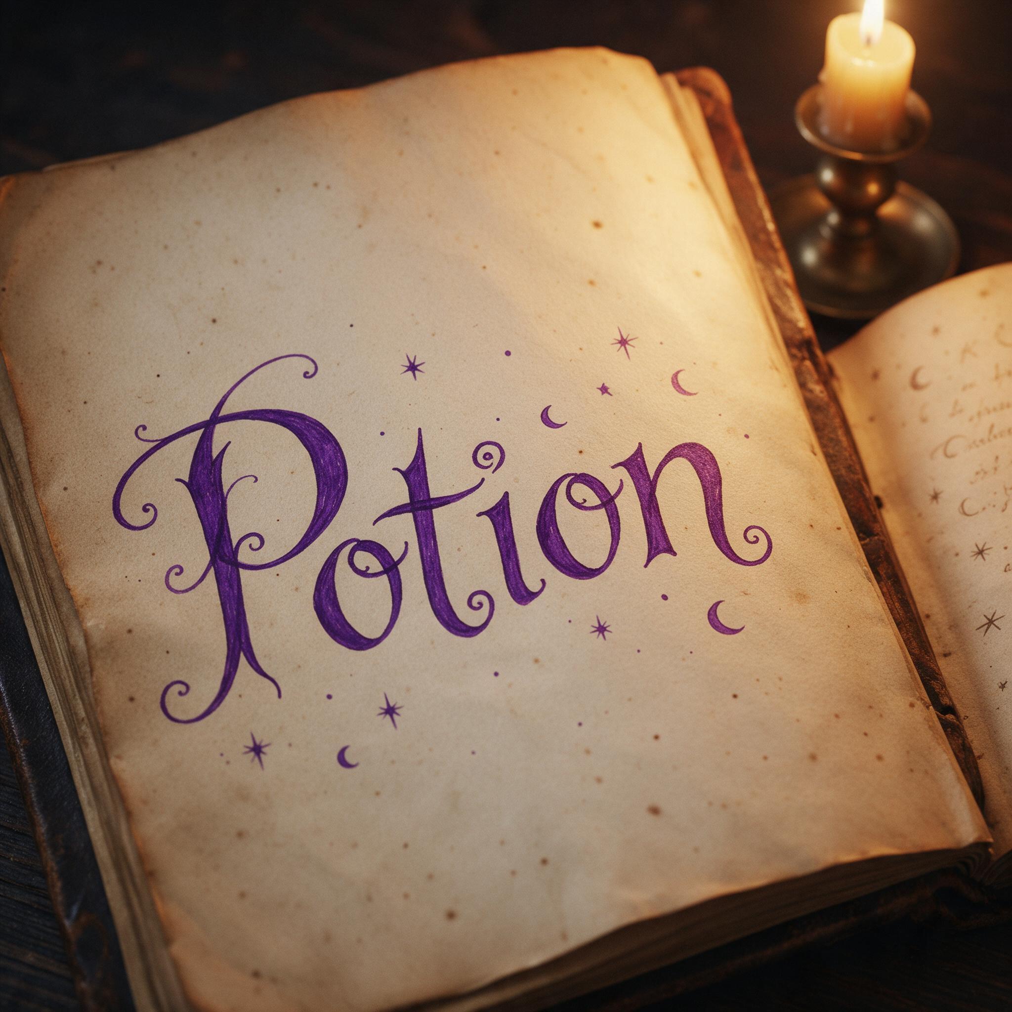 Witch Font AI font generated with Seedream: the word Potion