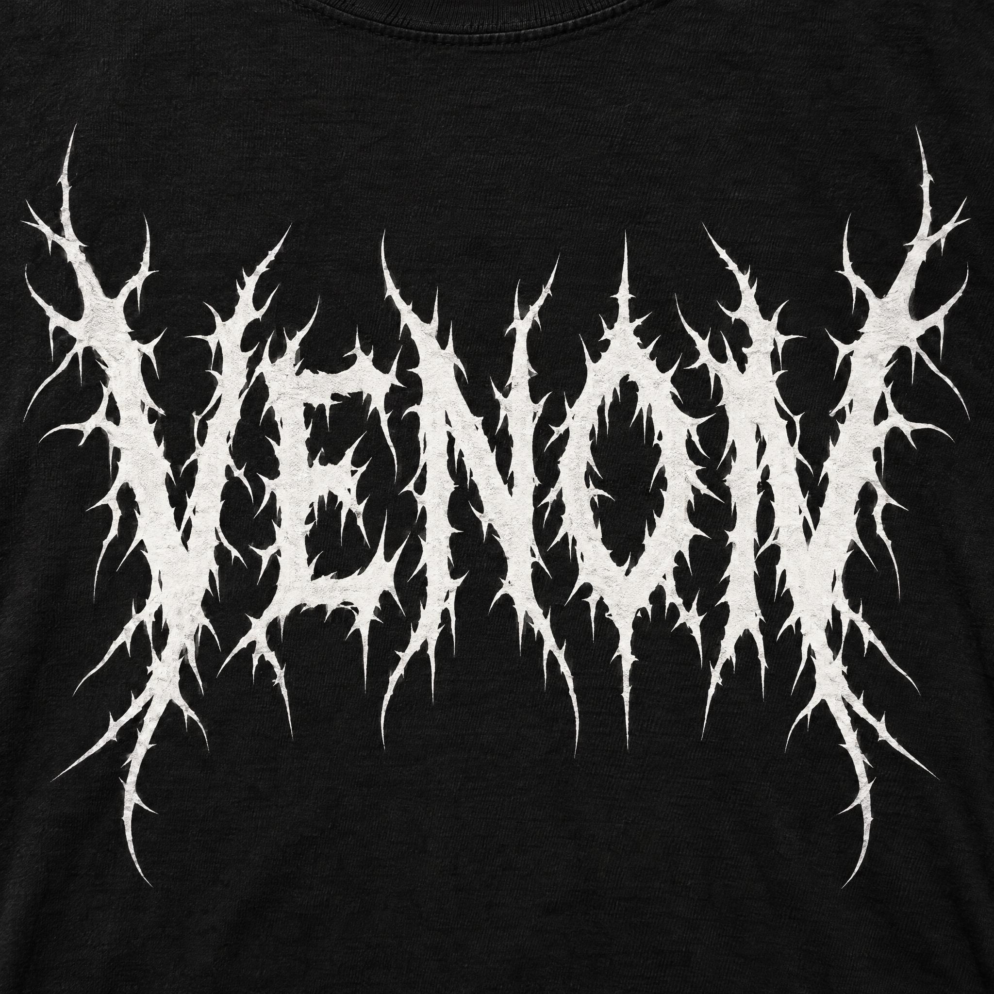 GPT Image death metal logo on a black T-shirt reading VENON instead of VENOM