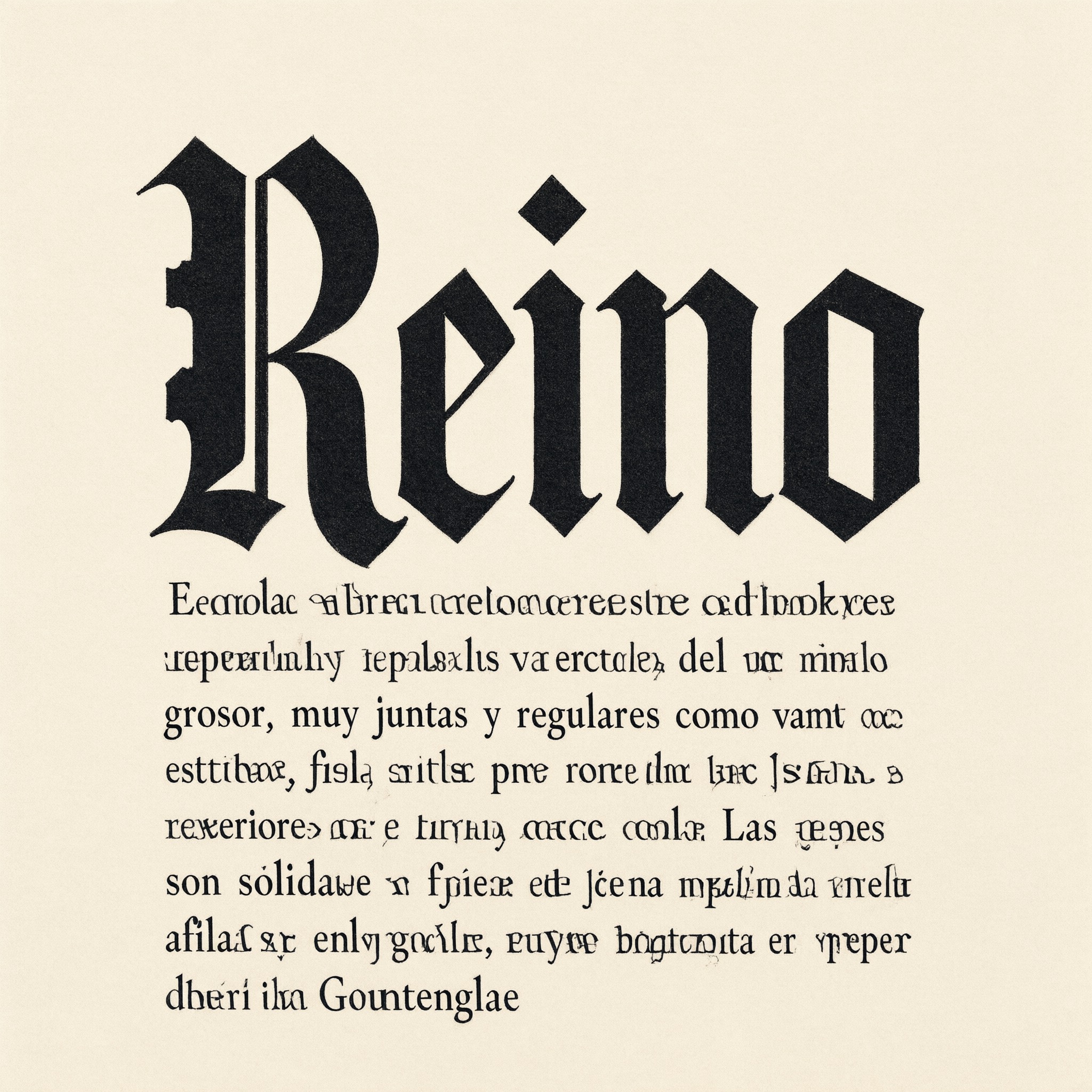 Qwen-Image Textura blackletter test: the word Reino followed by eight lines of garbled Spanish body text